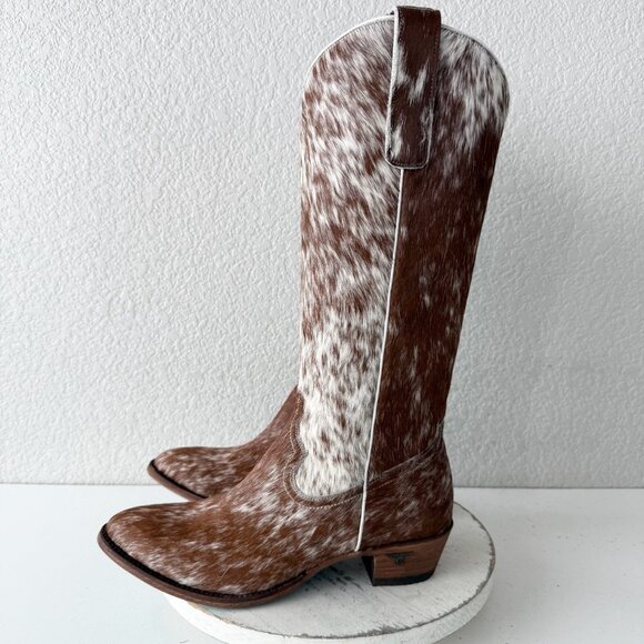 Lane Plain Jane Cowhide Cowboy Boots Tall Brown Western Hair on Hide Womens 11 - Picture 4 of 10